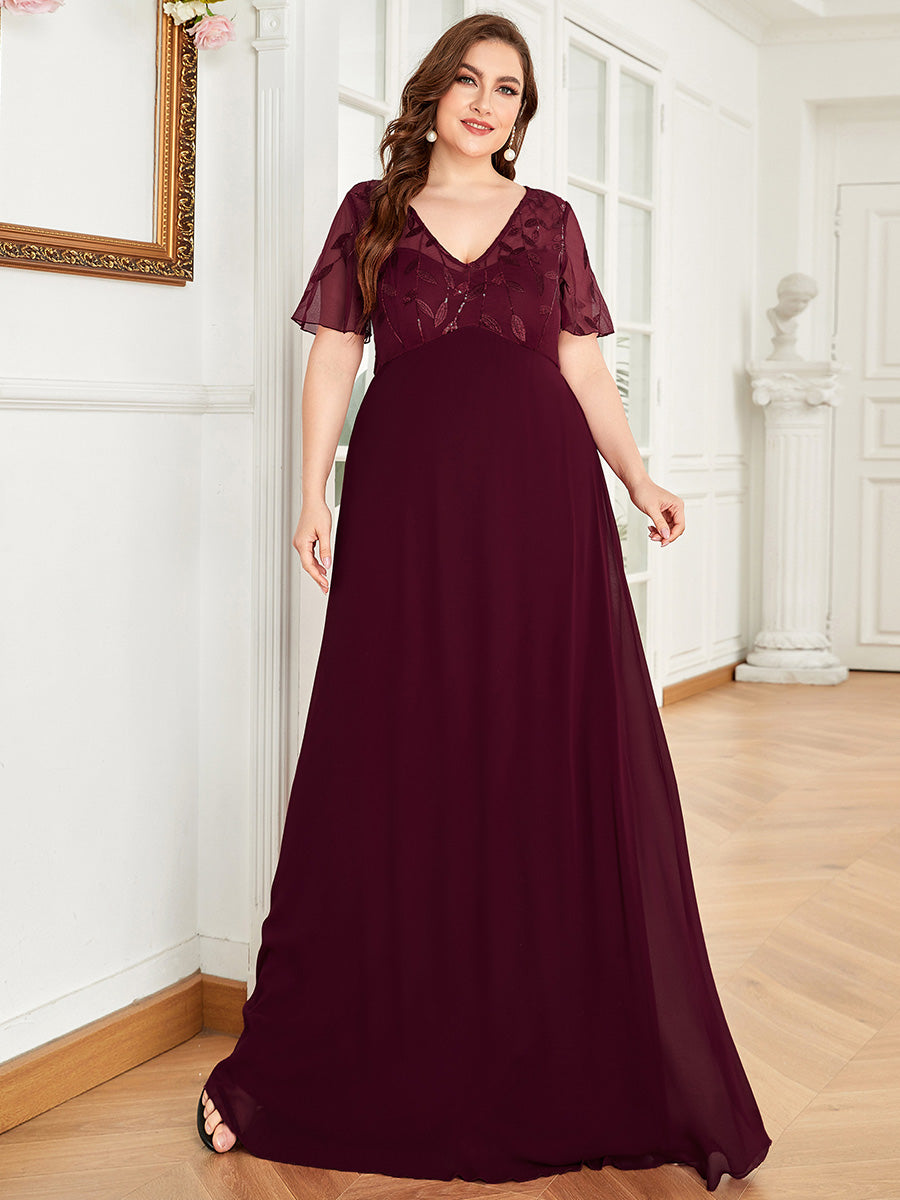 Taille Personnalisée Robe de Soirée Longue à Imprimé Paillettes avec Mancherons #couleur_Bordeaux Taille Personnalisée Robe de Soirée Longue à Imprimé Paillettes avec Mancherons