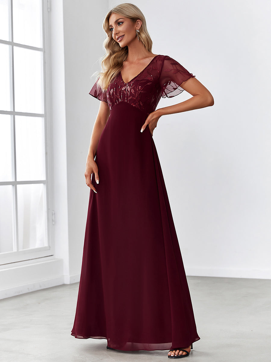 Taille Personnalisée Robe de Soirée Longue à Imprimé Paillettes avec Mancherons #couleur_Bordeaux Taille Personnalisée Robe de Soirée Longue à Imprimé Paillettes avec Mancherons