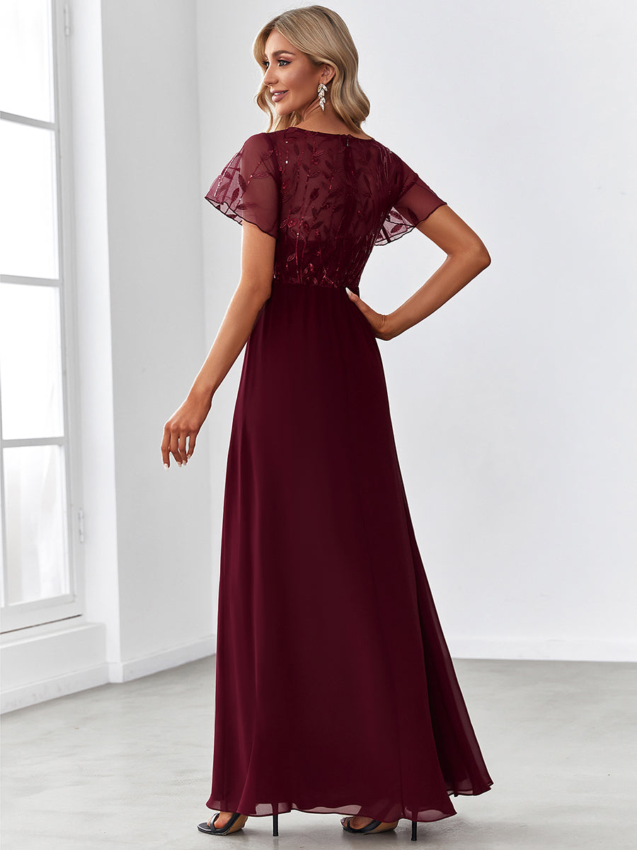 Taille Personnalisée Robe de Soirée Longue à Imprimé Paillettes avec Mancherons #couleur_Bordeaux Taille Personnalisée Robe de Soirée Longue à Imprimé Paillettes avec Mancherons