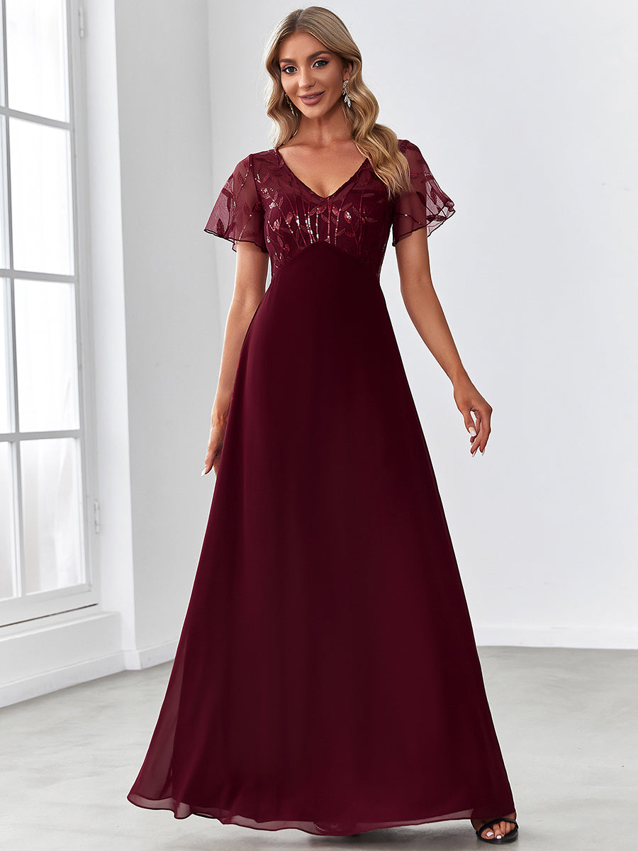 Taille Personnalisée Robe de Soirée Longue à Imprimé Paillettes avec Mancherons #couleur_Bordeaux Taille Personnalisée Robe de Soirée Longue à Imprimé Paillettes avec Mancherons