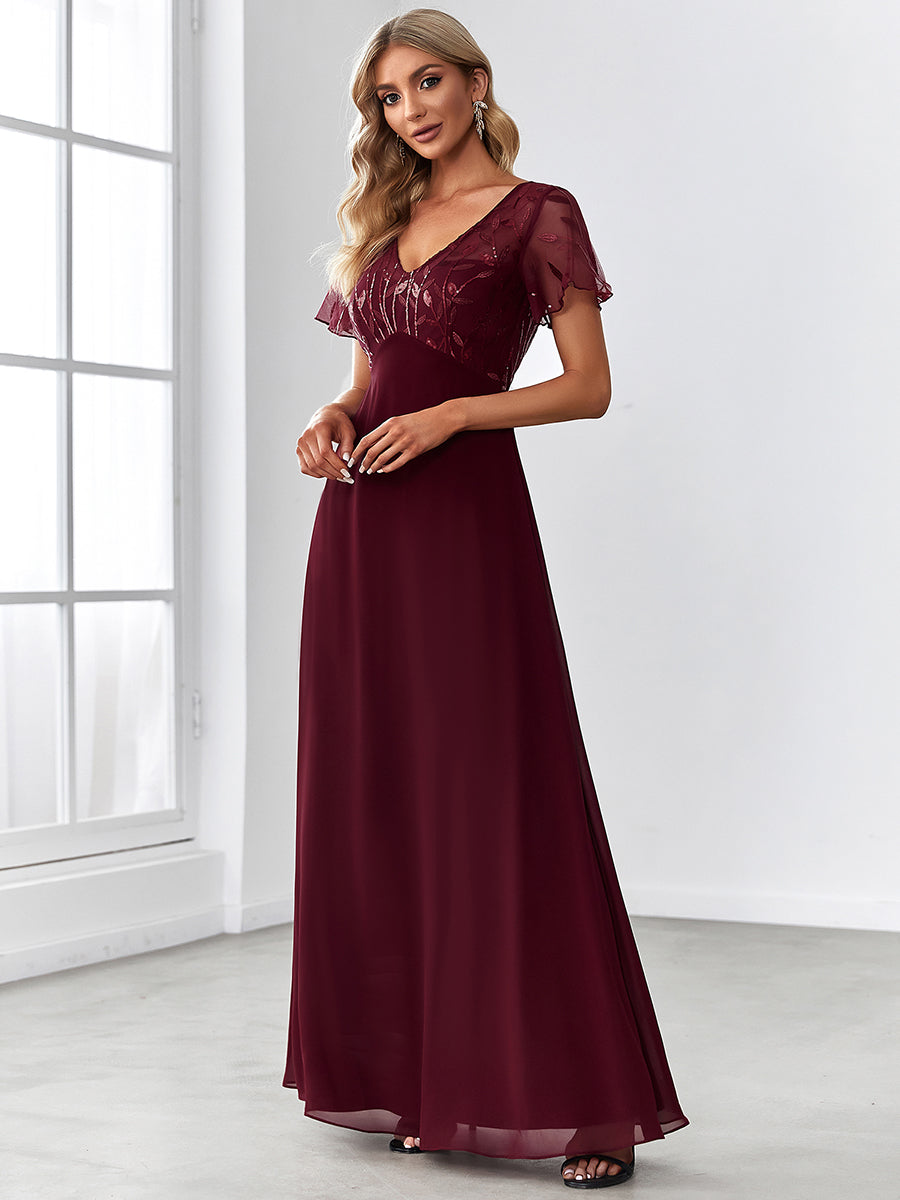 Taille Personnalisée Robe de Soirée Longue à Imprimé Paillettes avec Mancherons #couleur_Bordeaux Taille Personnalisée Robe de Soirée Longue à Imprimé Paillettes avec Mancherons