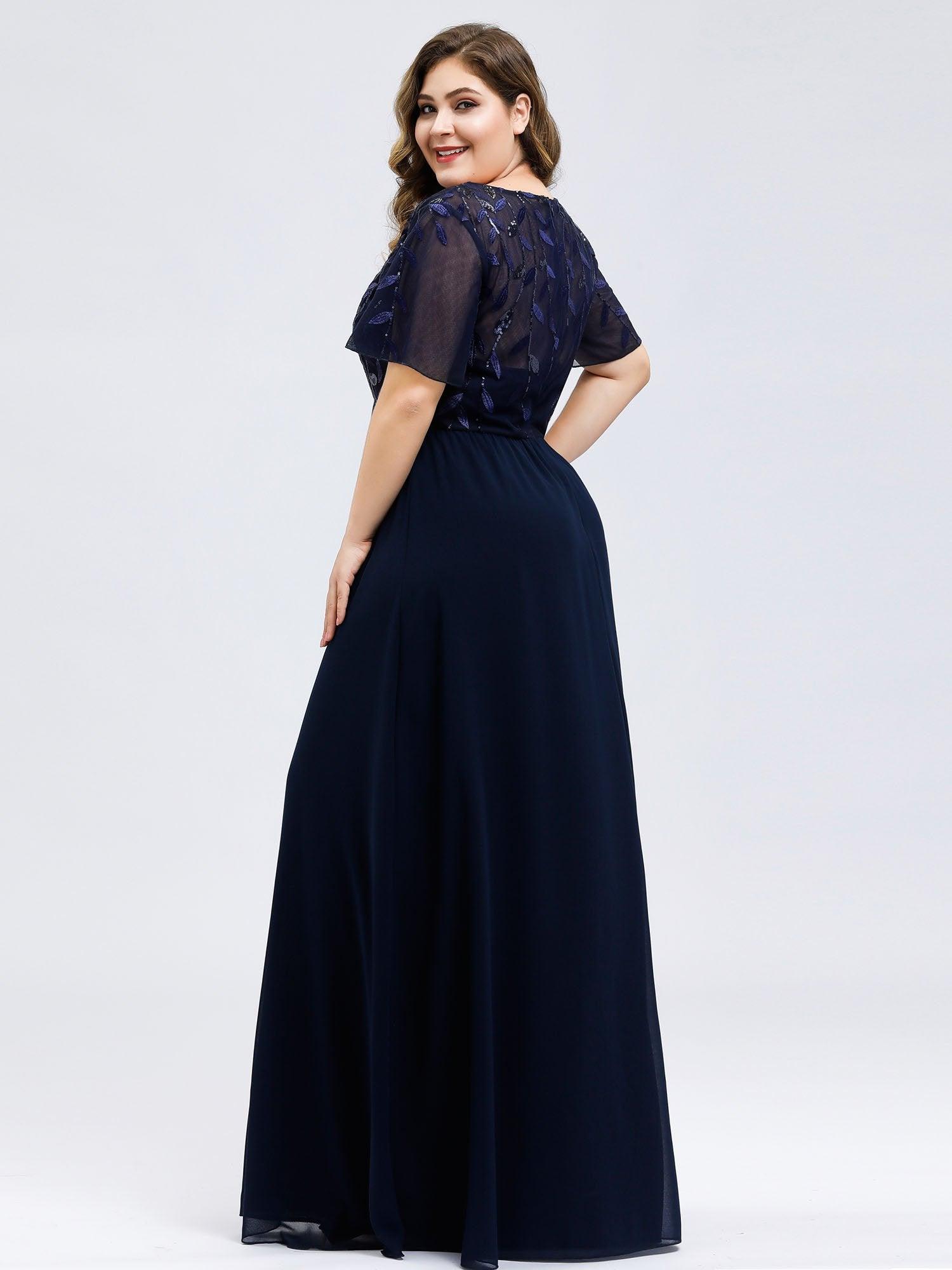Robe de Soirée Longue Grande Taille à Imprimé Paillettes avec Mancherons #Couleur_Bordeaux Robe de Soirée Longue Grande Taille à Imprimé Paillettes avec Mancherons