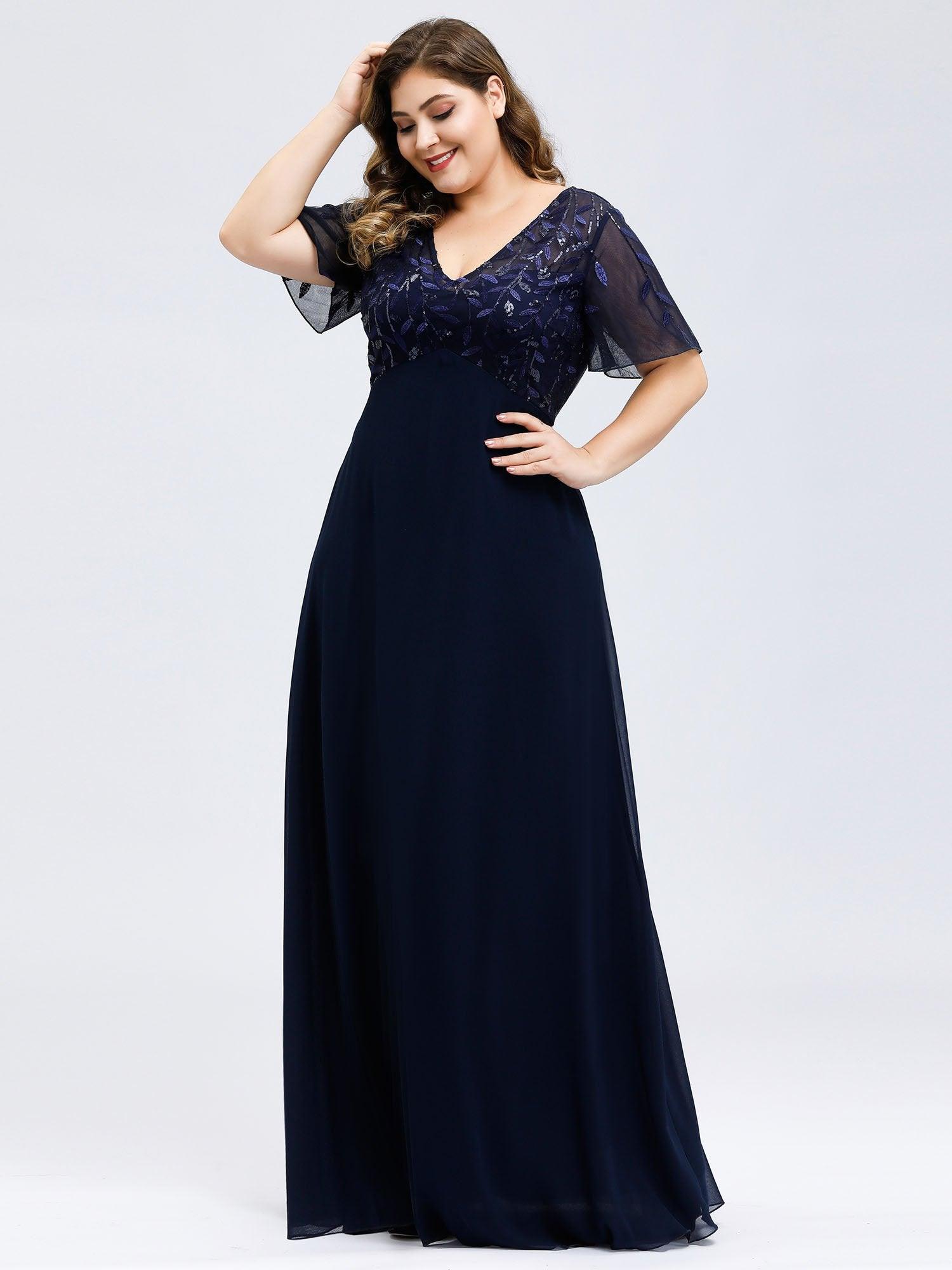 Robe de Soirée Longue Grande Taille à Imprimé Paillettes avec Mancherons #Couleur_Bordeaux Robe de Soirée Longue Grande Taille à Imprimé Paillettes avec Mancherons