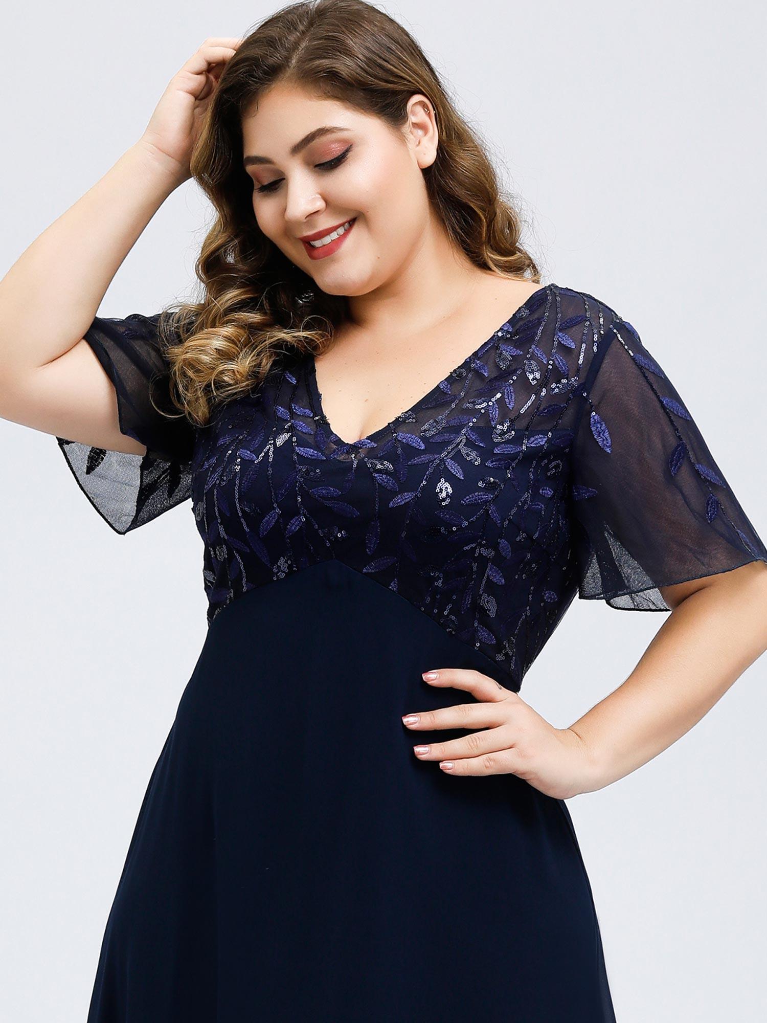 Robe de Soirée Longue Grande Taille à Imprimé Paillettes avec Mancherons #Couleur_Bordeaux Robe de Soirée Longue Grande Taille à Imprimé Paillettes avec Mancherons