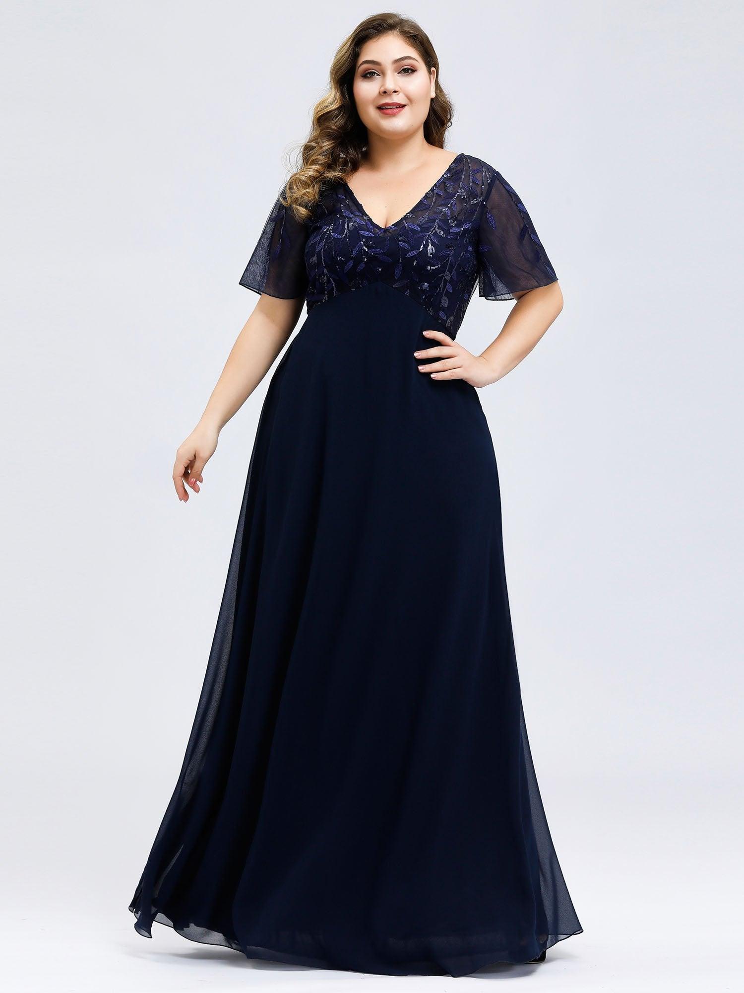 Robe de Soirée Longue Grande Taille à Imprimé Paillettes avec Mancherons #Couleur_Bordeaux Robe de Soirée Longue Grande Taille à Imprimé Paillettes avec Mancherons