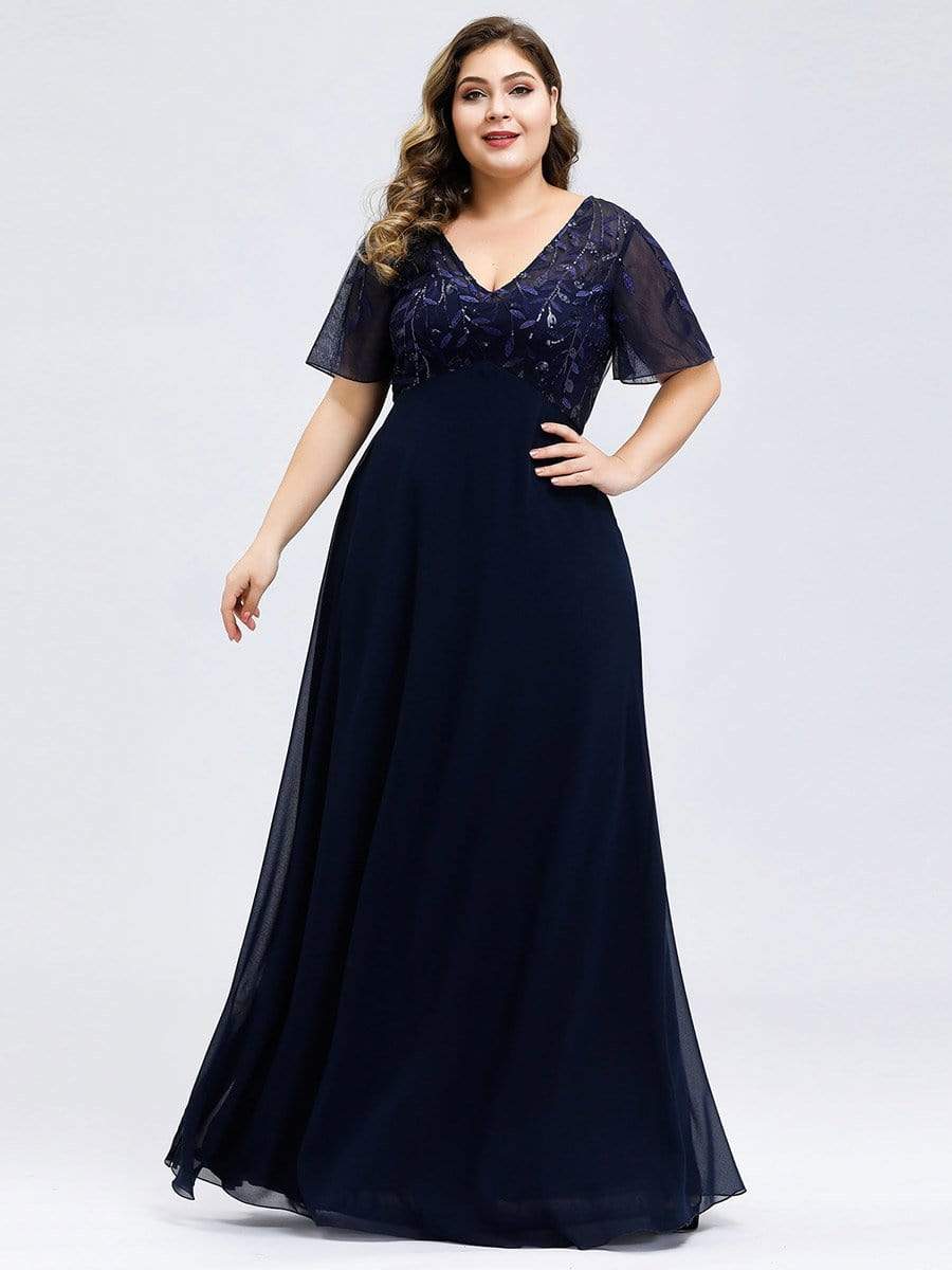 Taille Personnalisée Robe de Soirée Longue à Imprimé Paillettes avec Mancherons #couleur_Bordeaux Taille Personnalisée Robe de Soirée Longue à Imprimé Paillettes avec Mancherons