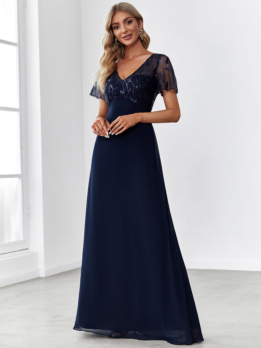 Taille Personnalisée Robe de Soirée Longue à Imprimé Paillettes avec Mancherons #couleur_Bordeaux Taille Personnalisée Robe de Soirée Longue à Imprimé Paillettes avec Mancherons