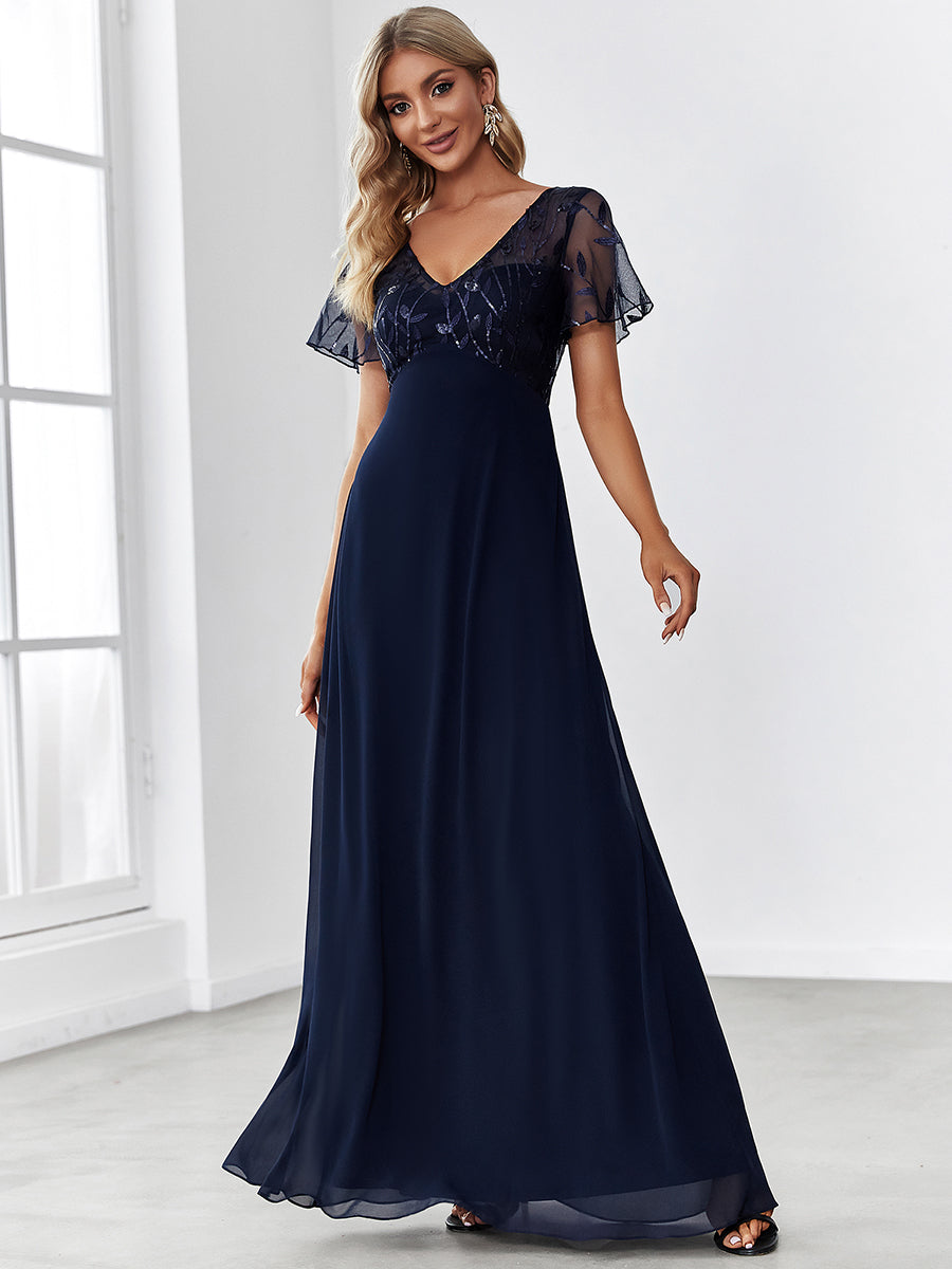 Taille Personnalisée Robe de Soirée Longue à Imprimé Paillettes avec Mancherons #couleur_Bordeaux Taille Personnalisée Robe de Soirée Longue à Imprimé Paillettes avec Mancherons