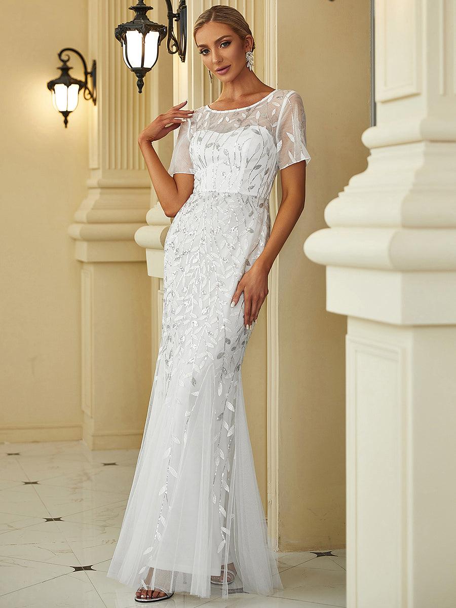 Robes demoiselle d'honneur Sirène en Tulle à Imprimé Floral et Paillettes #Couleur_Blanc