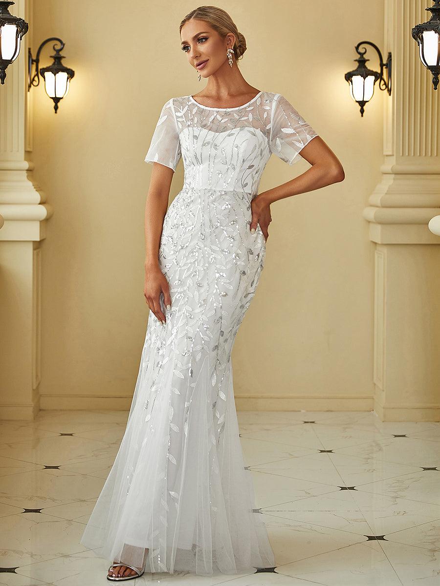 Robes demoiselle d'honneur Sirène en Tulle à Imprimé Floral et Paillettes #Couleur_Blanc