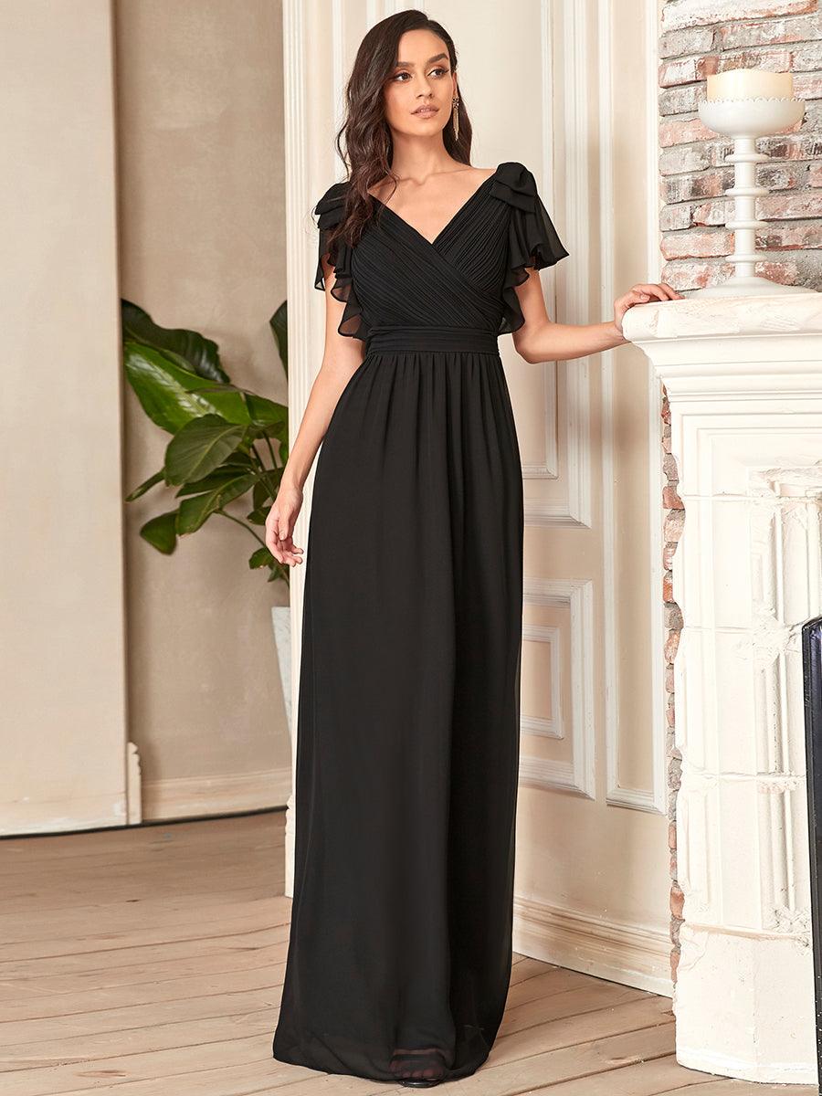 Taille Personnalisée Robe Demoiselle d'Honneur Longue en Mousseline avec Manches à Volants #couleur_Bleu Marine Taille Personnalisée Robe Demoiselle d'Honneur Longue en Mousseline avec Manches à Volants