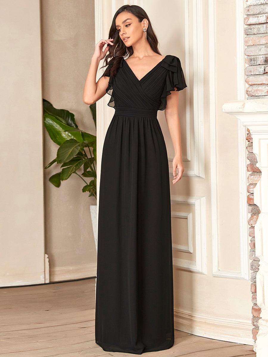 Taille Personnalisée Robe Demoiselle d'Honneur Longue en Mousseline avec Manches à Volants #couleur_Bleu Marine Taille Personnalisée Robe Demoiselle d'Honneur Longue en Mousseline avec Manches à Volants