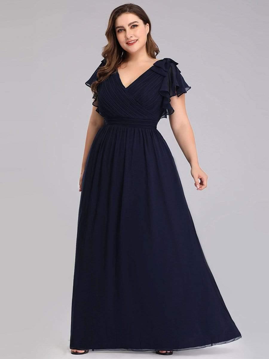 Taille Personnalisée Robe Demoiselle d'Honneur Longue en Mousseline avec Manches à Volants #couleur_Bleu Marine Taille Personnalisée Robe Demoiselle d'Honneur Longue en Mousseline avec Manches à Volants