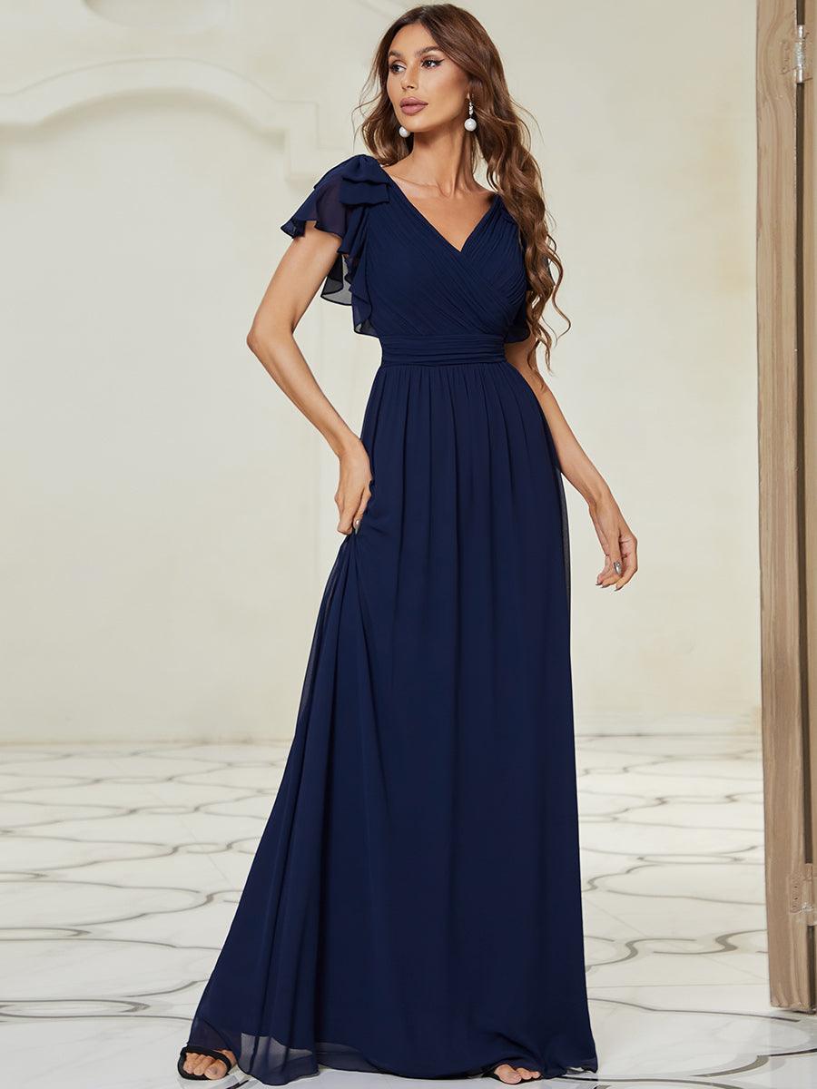 Taille Personnalisée Robe Demoiselle d'Honneur Longue en Mousseline avec Manches à Volants #couleur_Bleu Marine Taille Personnalisée Robe Demoiselle d'Honneur Longue en Mousseline avec Manches à Volants