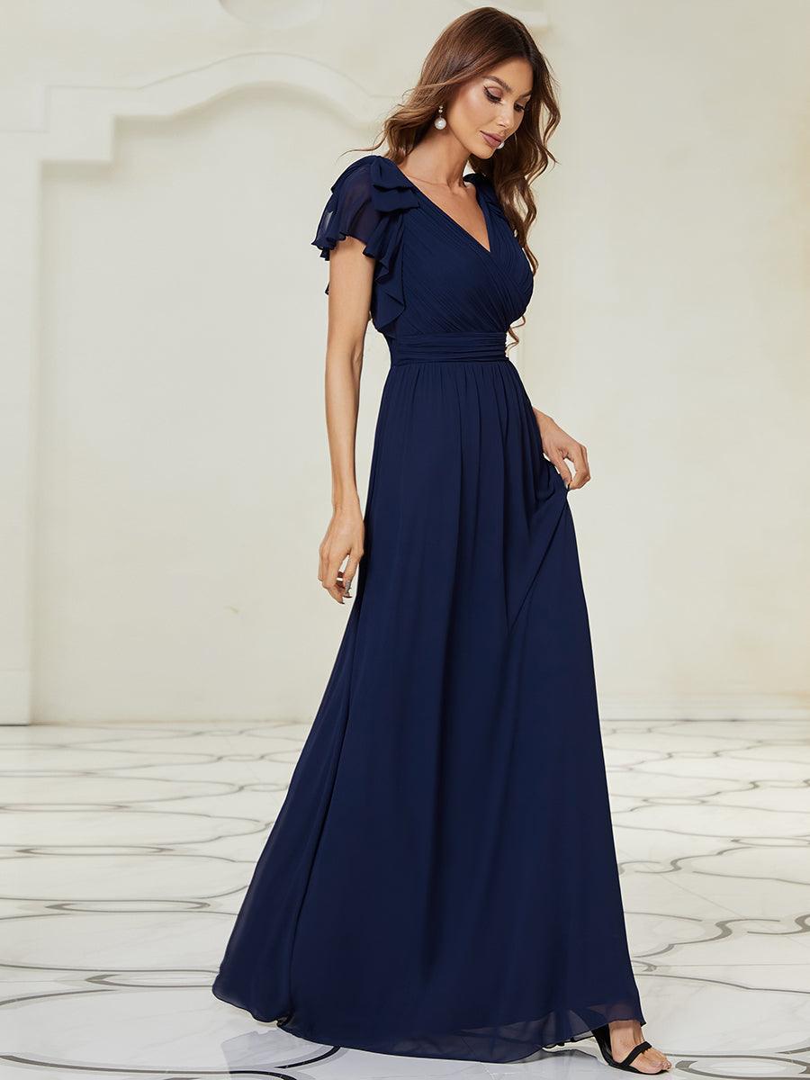 Taille Personnalisée Robe Demoiselle d'Honneur Longue en Mousseline avec Manches à Volants #couleur_Bleu Marine Taille Personnalisée Robe Demoiselle d'Honneur Longue en Mousseline avec Manches à Volants