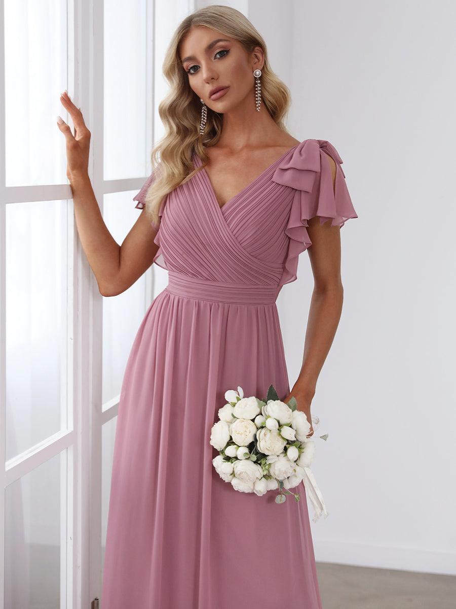 Taille Personnalisée Robe Demoiselle d'Honneur Longue en Mousseline avec Manches à Volants #couleur_Bleu Marine Taille Personnalisée Robe Demoiselle d'Honneur Longue en Mousseline avec Manches à Volants