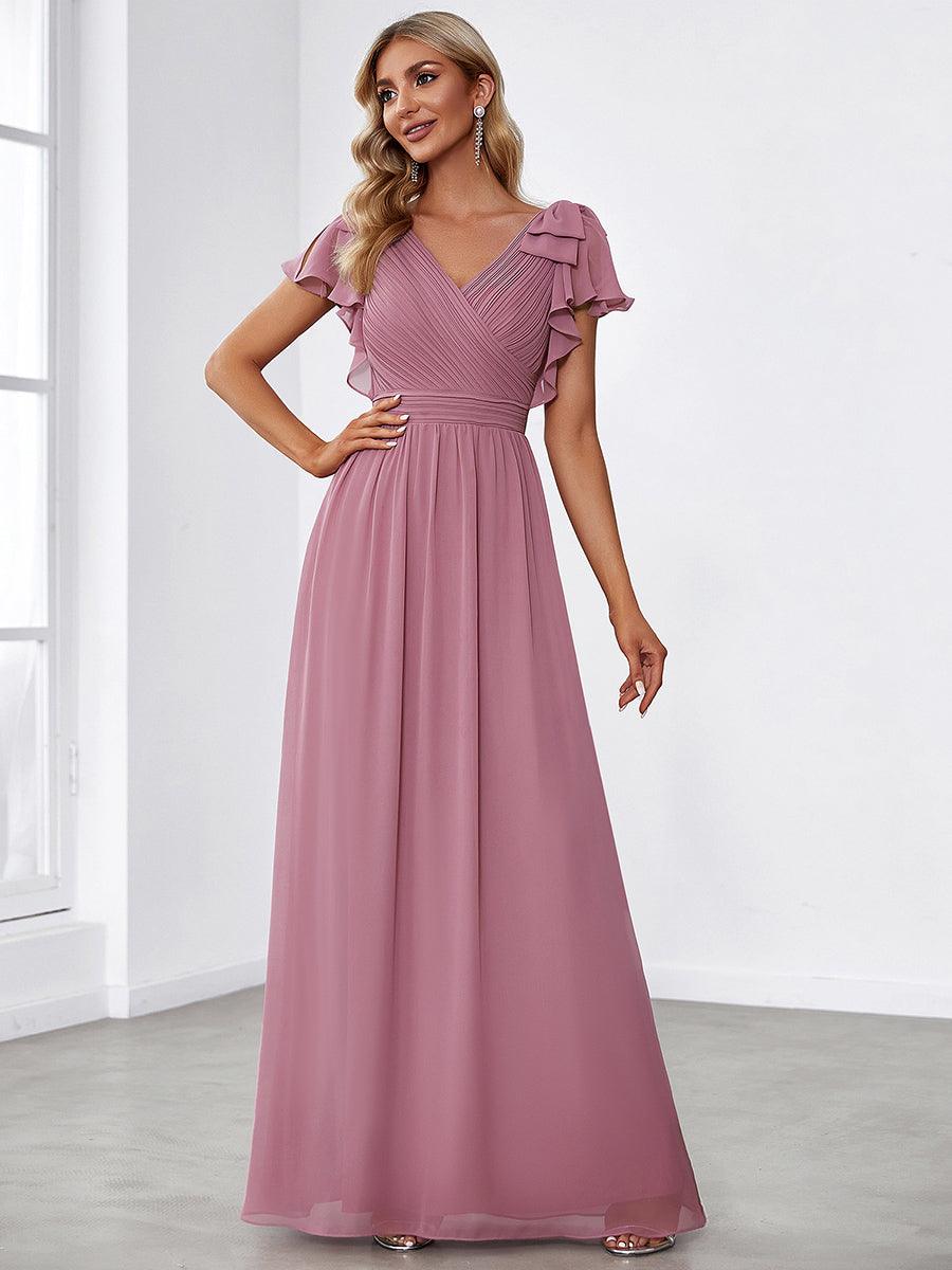 Taille Personnalisée Robe Demoiselle d'Honneur Longue en Mousseline avec Manches à Volants #couleur_Bleu Marine Taille Personnalisée Robe Demoiselle d'Honneur Longue en Mousseline avec Manches à Volants