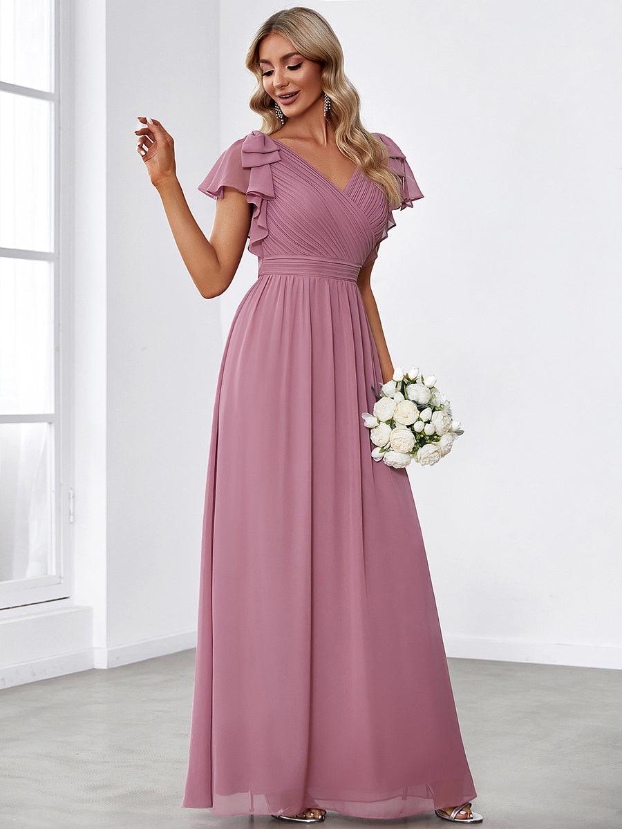 Taille Personnalisée Robe Demoiselle d'Honneur Longue en Mousseline avec Manches à Volants #couleur_Bleu Marine Taille Personnalisée Robe Demoiselle d'Honneur Longue en Mousseline avec Manches à Volants