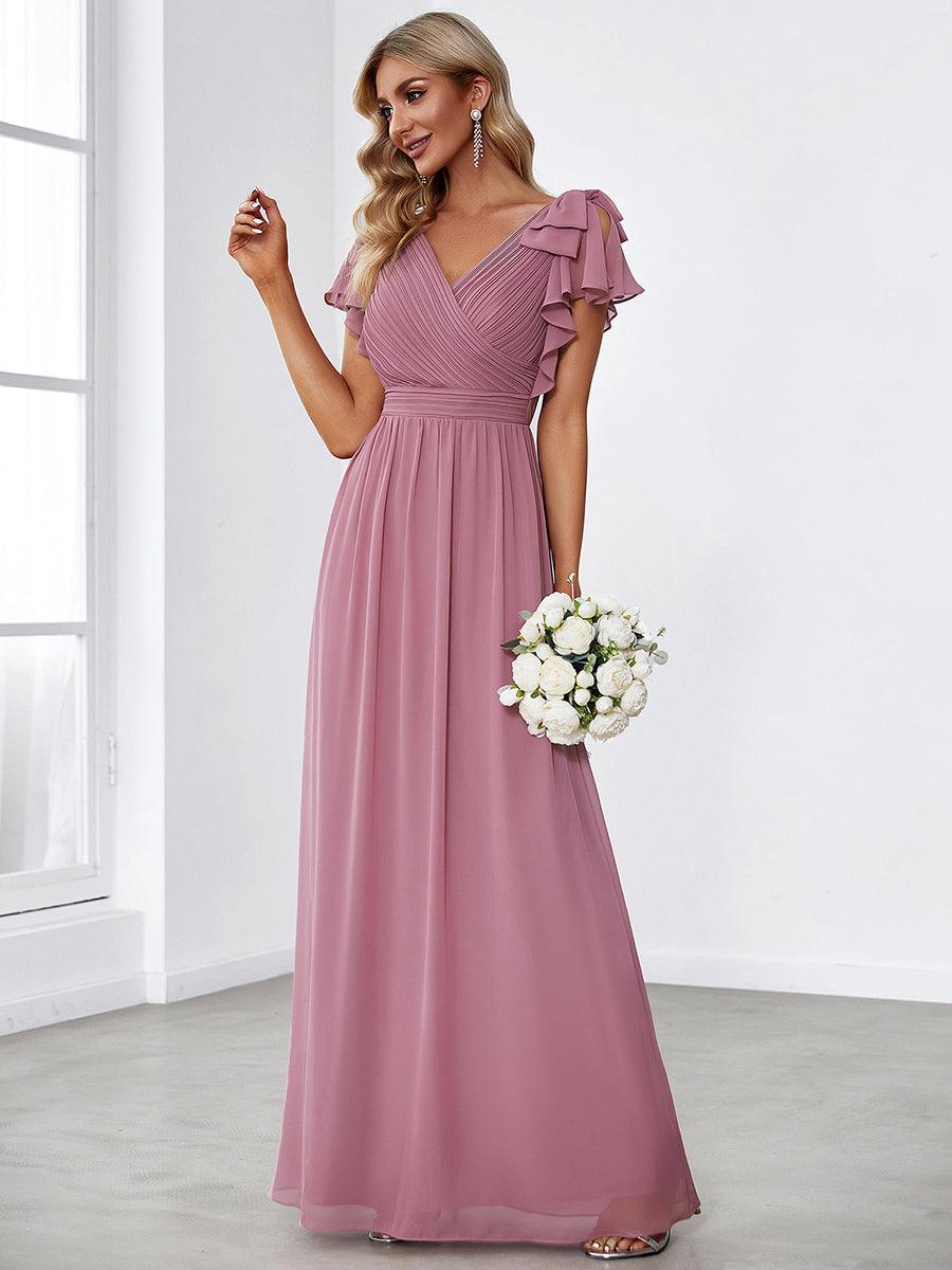 Taille Personnalisée Robe Demoiselle d'Honneur Longue en Mousseline avec Manches à Volants #couleur_Bleu Marine Taille Personnalisée Robe Demoiselle d'Honneur Longue en Mousseline avec Manches à Volants