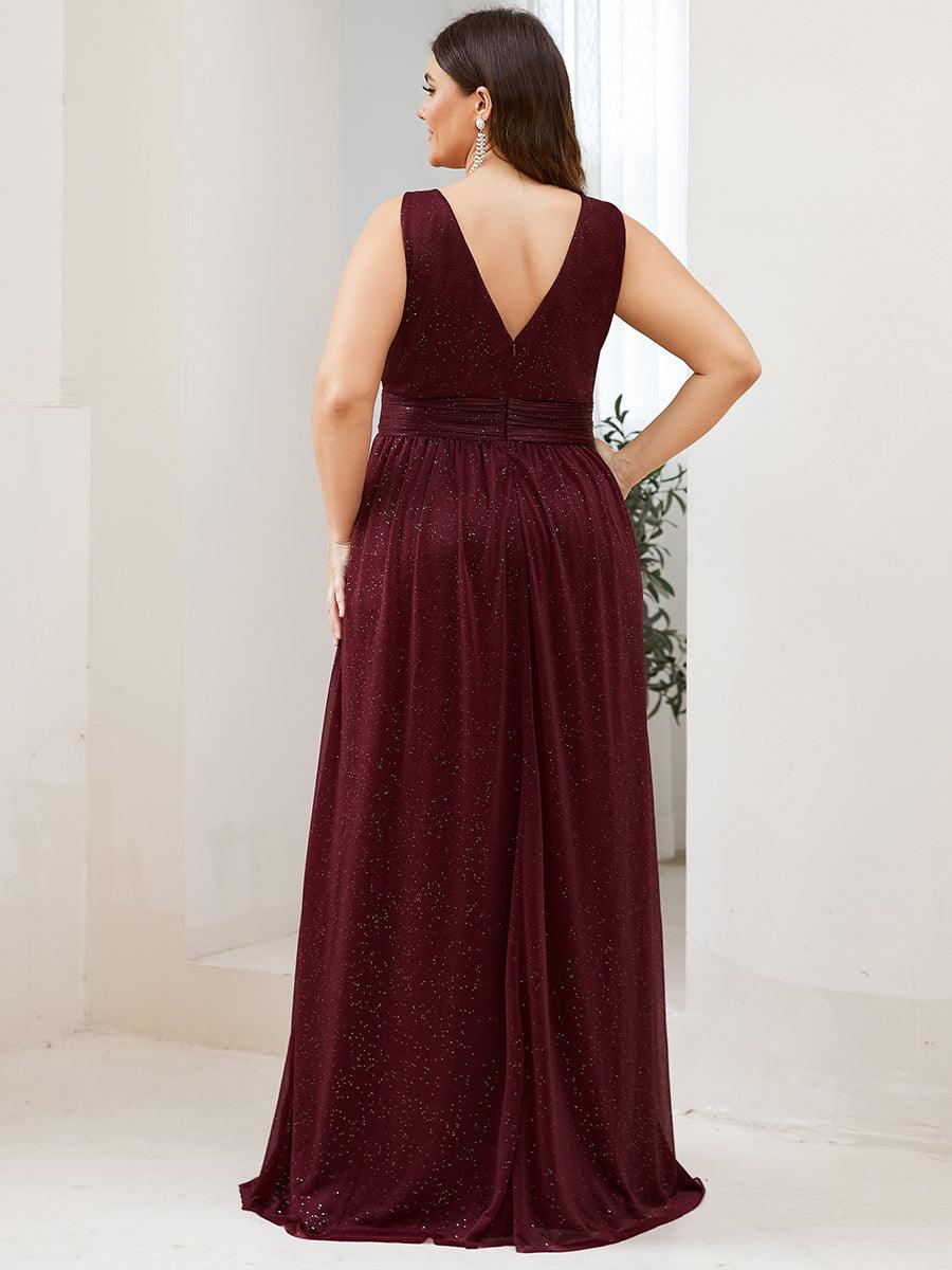 Robe de Soirée Longue Scintillante à Col en V Profond #Couleur_Bordeaux