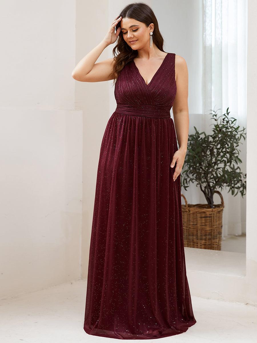 Robe de Soirée Grande Taille Longue Scintillante à Col en V #Couleur_Bordeaux Robe de Soirée Grande Taille Longue Scintillante à Col en V