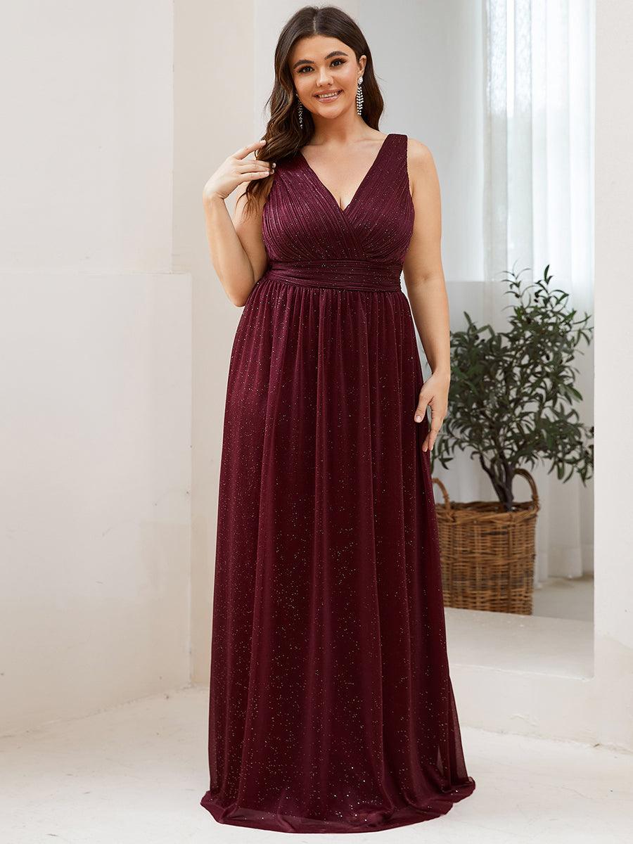 Robe de Soirée Longue Scintillante à Col en V Profond #Couleur_Bordeaux