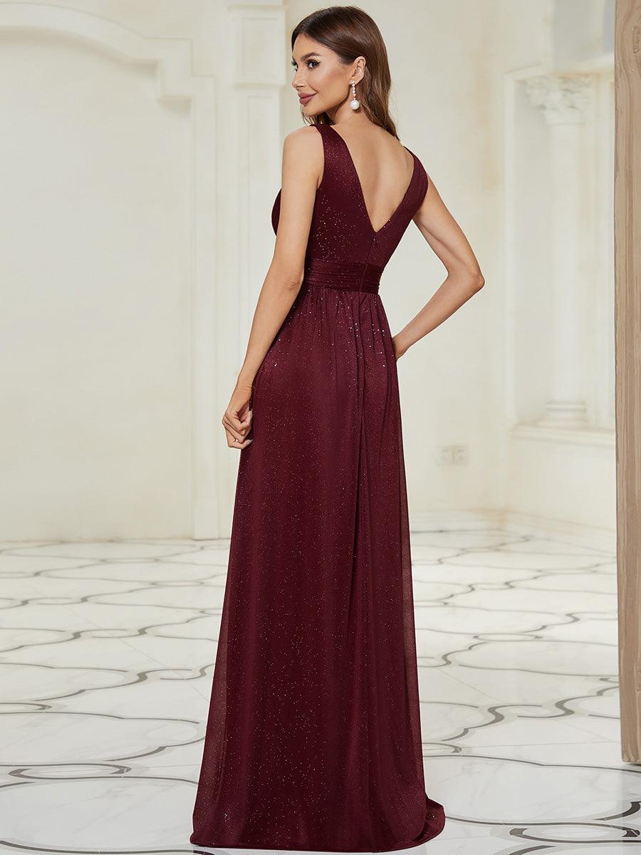 Robe de Soirée Longue Scintillante à Col en V Profond #Couleur_Bordeaux