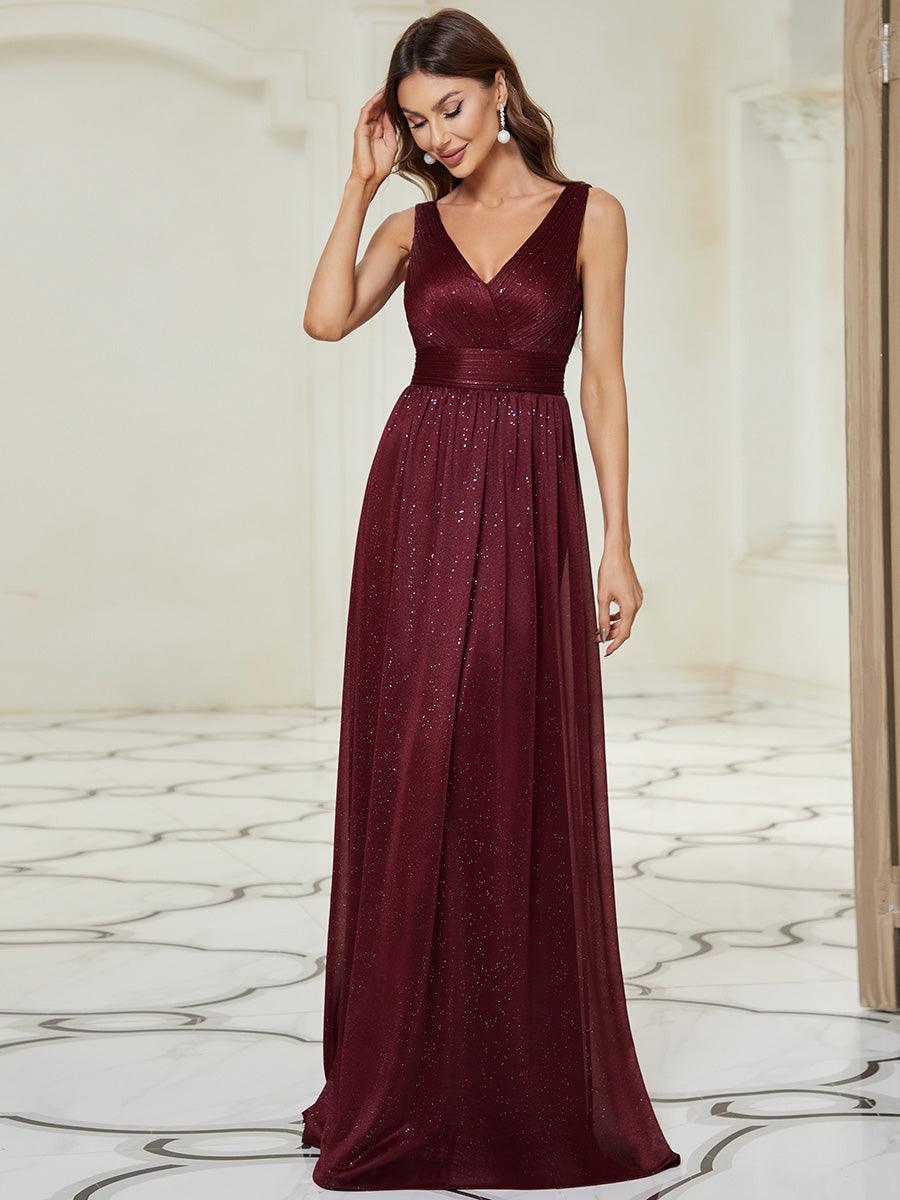 Robe de Soirée Longue Scintillante à Col en V Profond #Couleur_Bordeaux