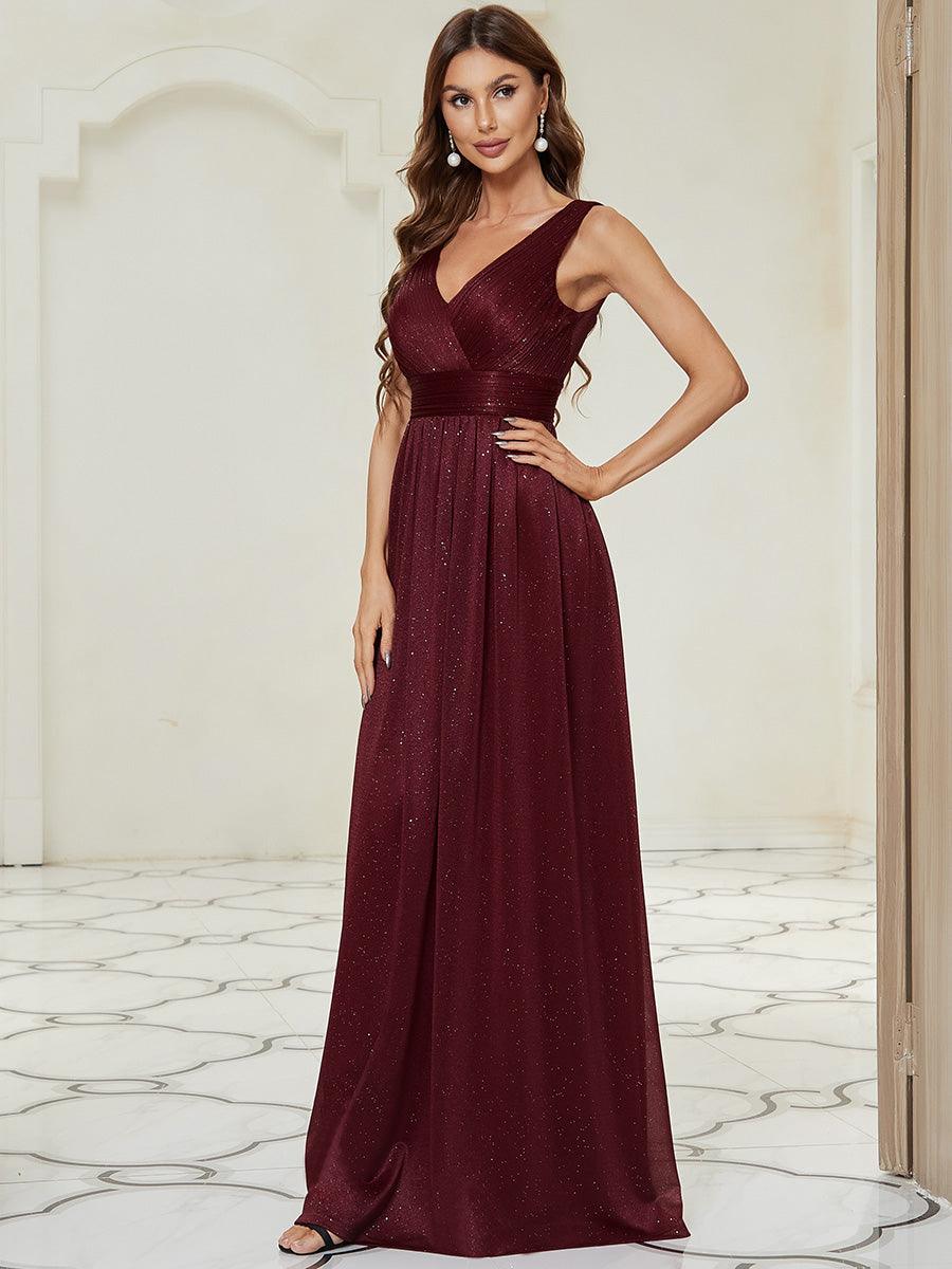Robe de Soirée Longue Scintillante à Col en V Profond #Couleur_Bordeaux