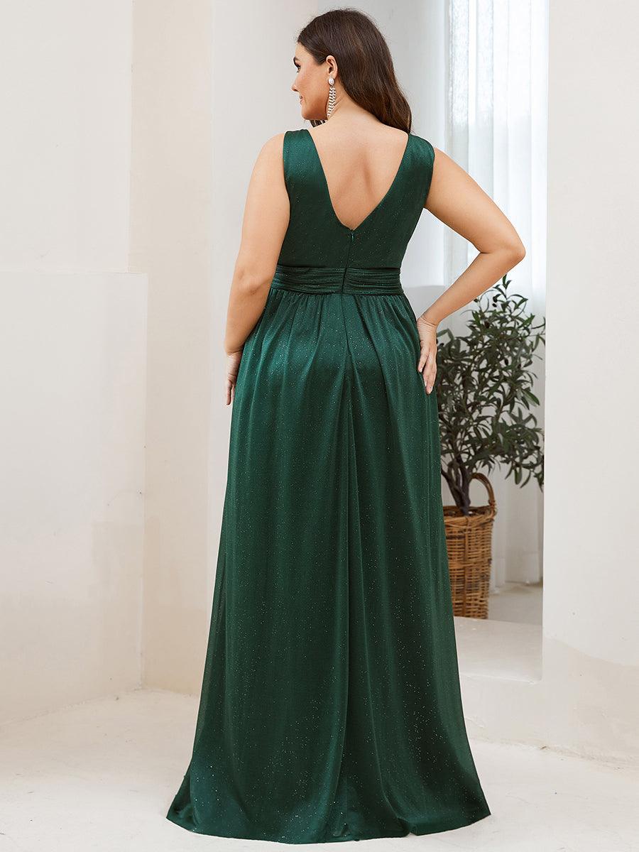 Robe de Soirée Grande Taille Longue Scintillante à Col en V #Couleur_Vert Fonce