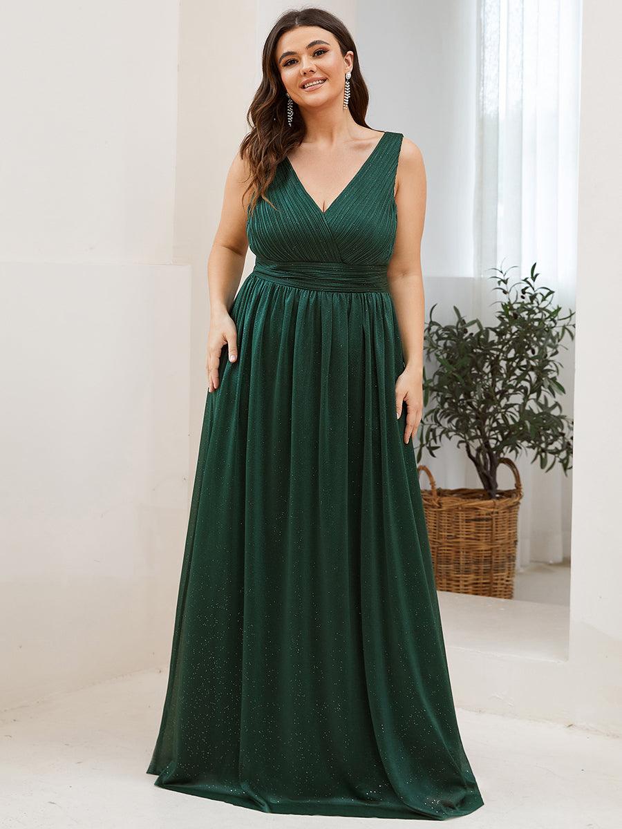 Robe de Soirée Grande Taille Longue Scintillante à Col en V #Couleur_Vert Fonce