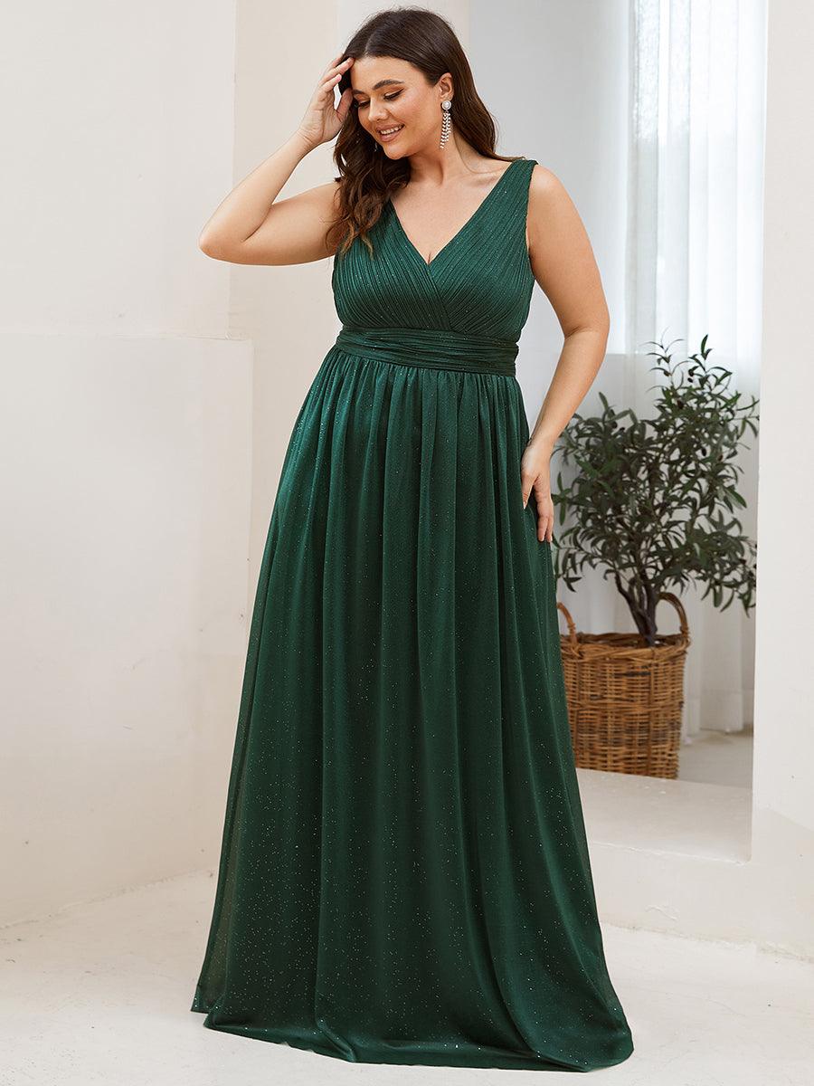 Robe de Soirée Grande Taille Longue Scintillante à Col en V #Couleur_Vert Fonce