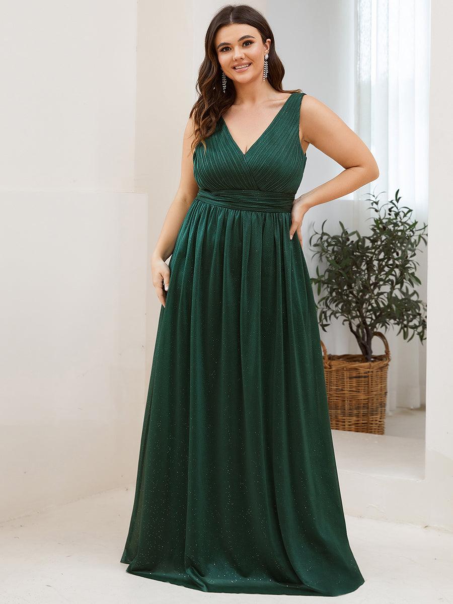 Robe de Soirée Grande Taille Longue Scintillante à Col en V #Couleur_Vert Fonce