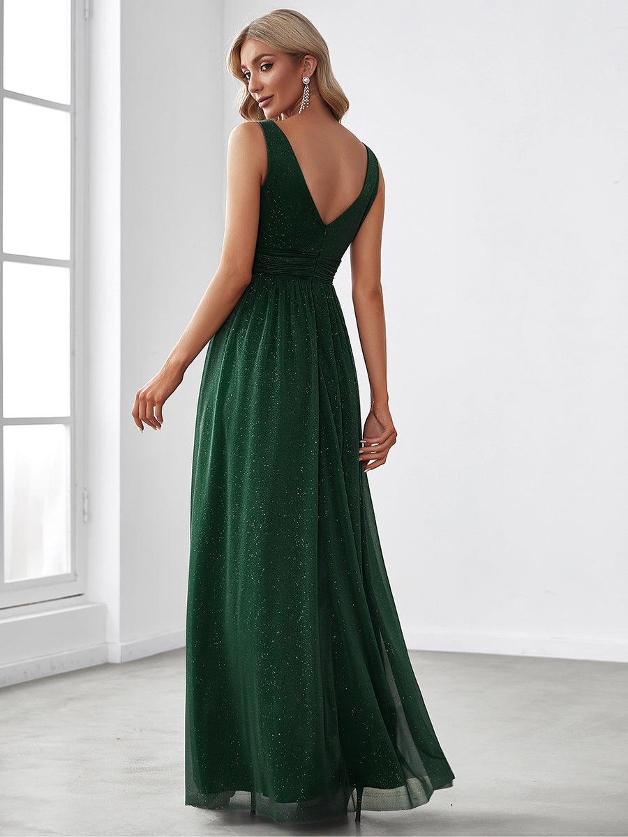 Robe de Soirée Longue Scintillante à Col en V Profond #Couleur_Vert Fonce