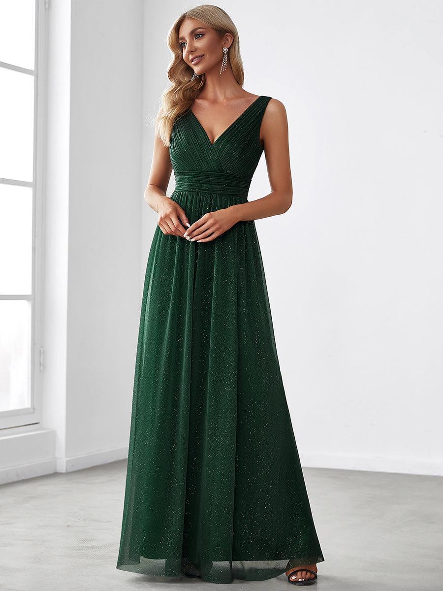 Robe de Soirée Longue Scintillante à Col en V Profond #Couleur_Vert Fonce