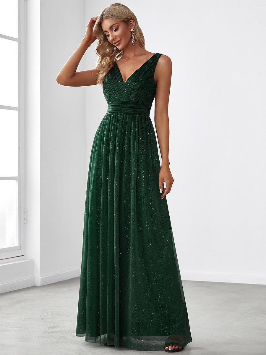 Robe de Soirée Longue Scintillante à Col en V Profond #Couleur_Vert Fonce