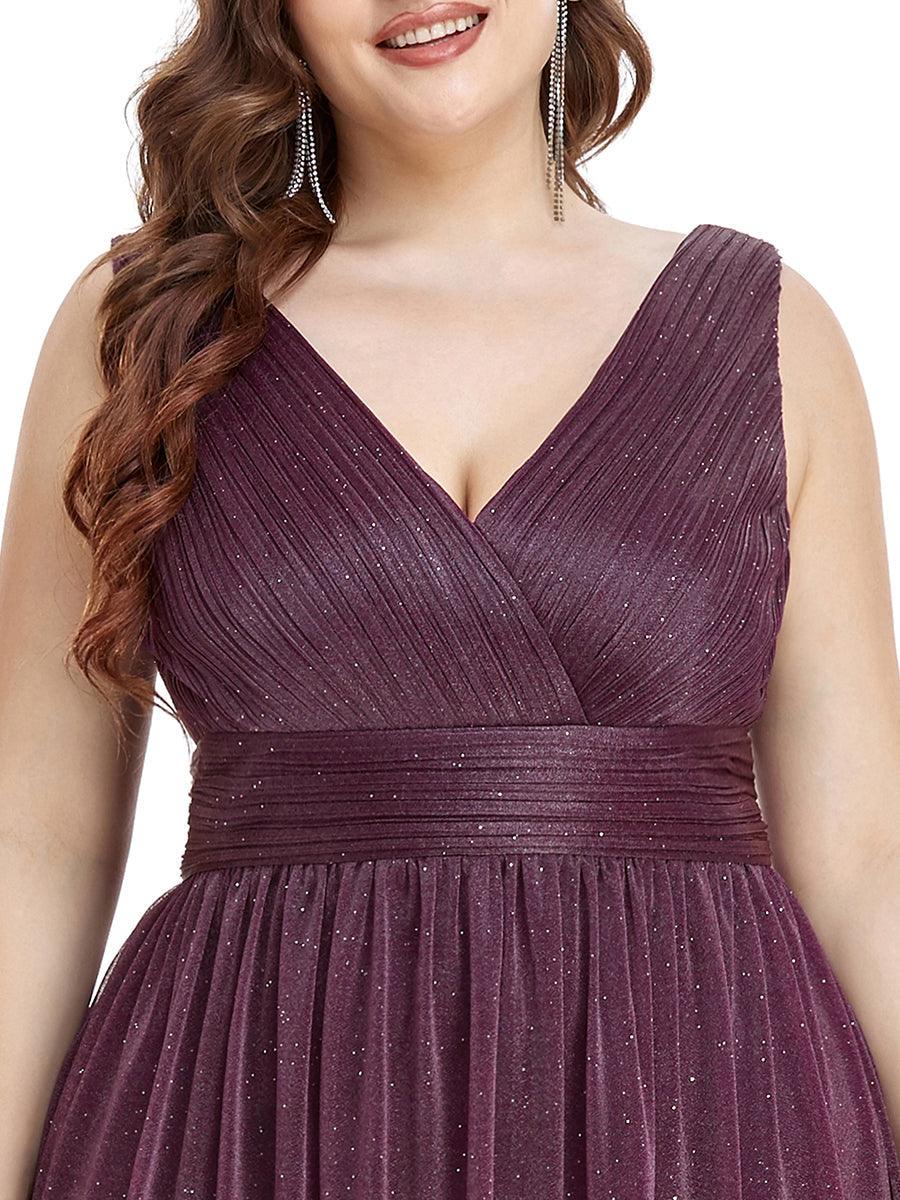 Robe de Soirée Grande Taille Longue Scintillante à Col en V #Couleur_Bordeaux Robe de Soirée Grande Taille Longue Scintillante à Col en V