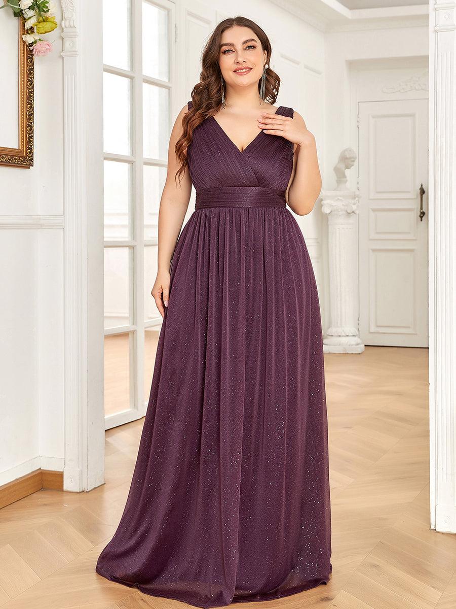 Robe de Soirée Grande Taille Longue Scintillante à Col en V #Couleur_Bordeaux Robe de Soirée Grande Taille Longue Scintillante à Col en V