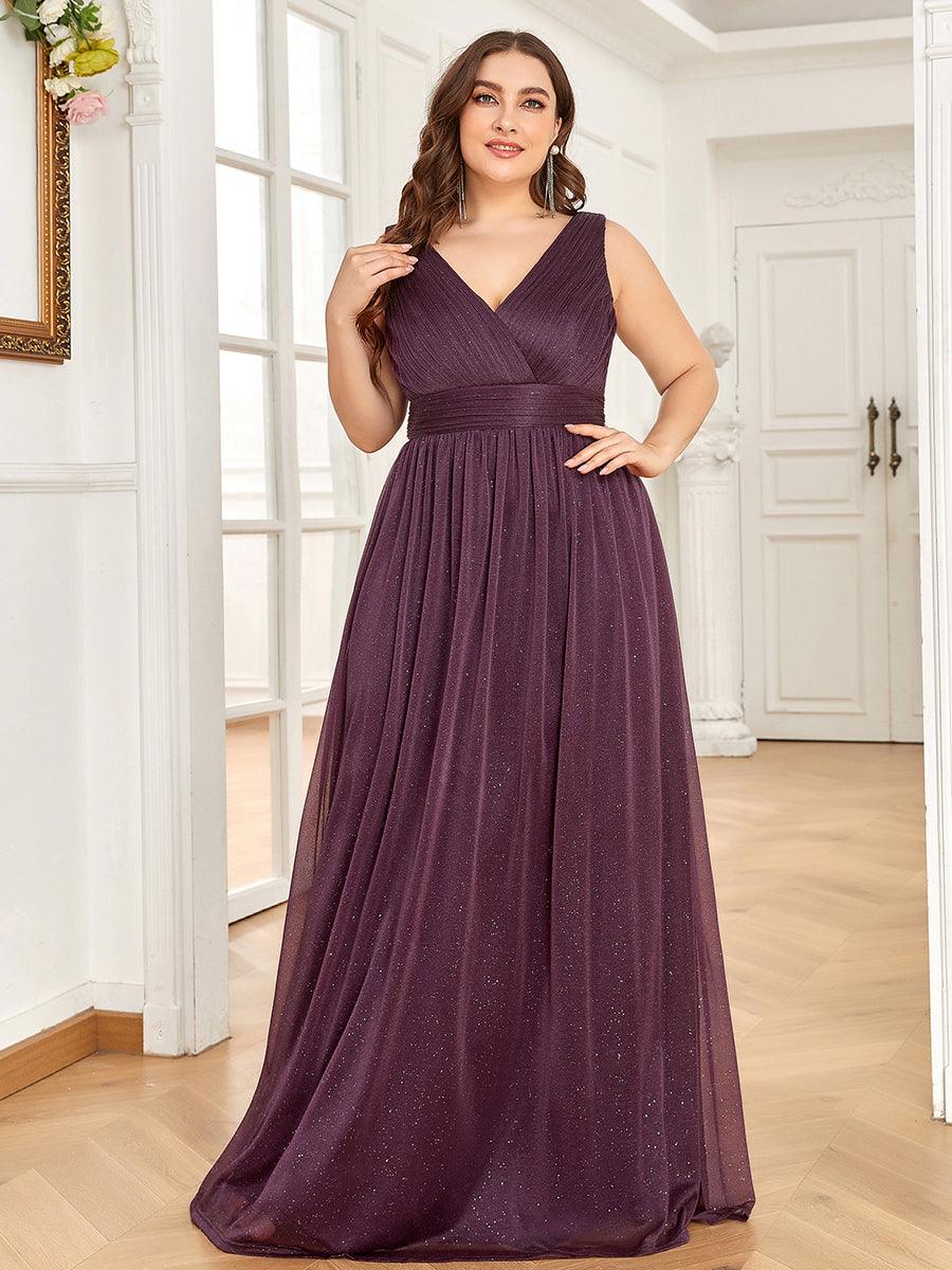 Robe de Soirée Grande Taille Longue Scintillante à Col en V #Couleur_Bordeaux Robe de Soirée Grande Taille Longue Scintillante à Col en V
