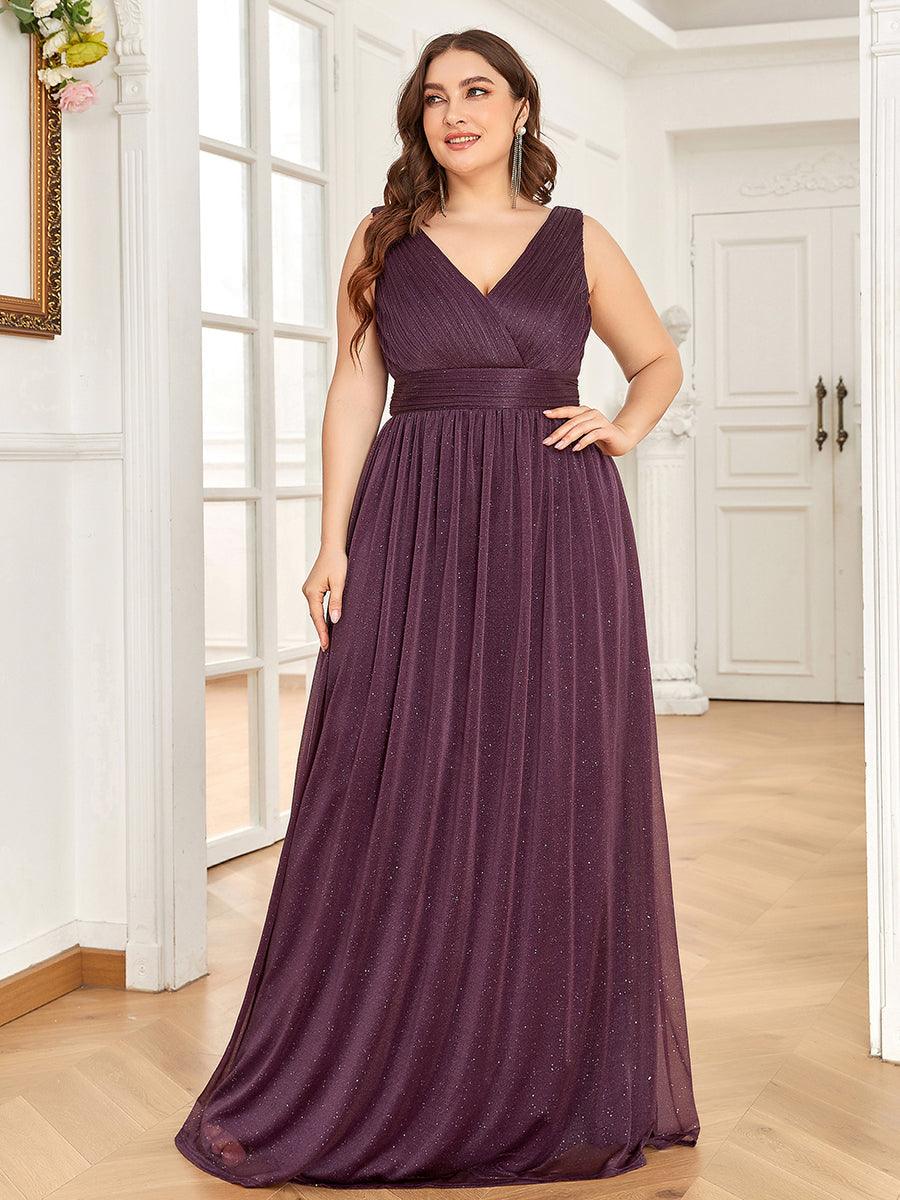 Robe de Soirée Grande Taille Longue Scintillante à Col en V #Couleur_Bordeaux Robe de Soirée Grande Taille Longue Scintillante à Col en V