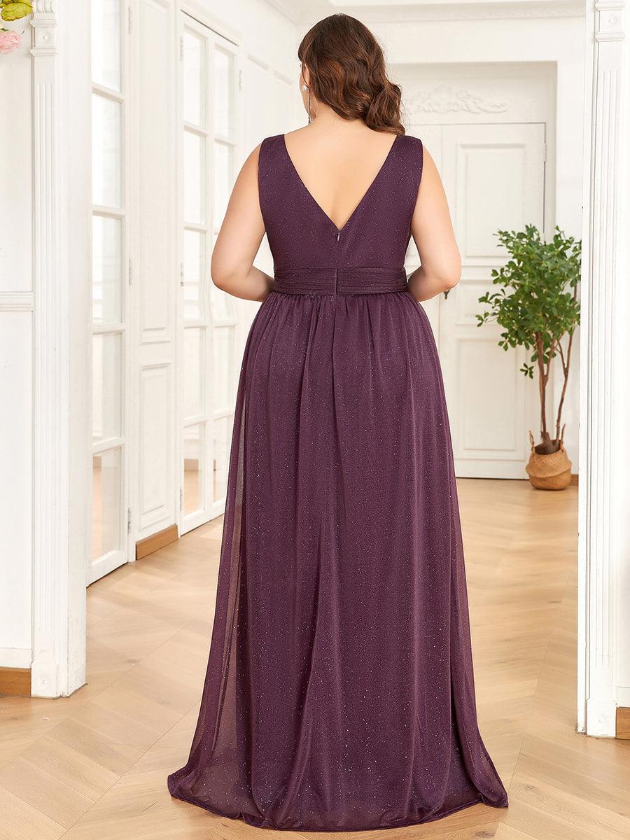 Robe de Soirée Grande Taille Longue Scintillante à Col en V #Couleur_Bordeaux Robe de Soirée Grande Taille Longue Scintillante à Col en V