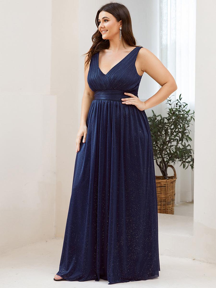 Robe de Soirée Grande Taille Longue Scintillante à Col en V #Couleur_Bleu Marine