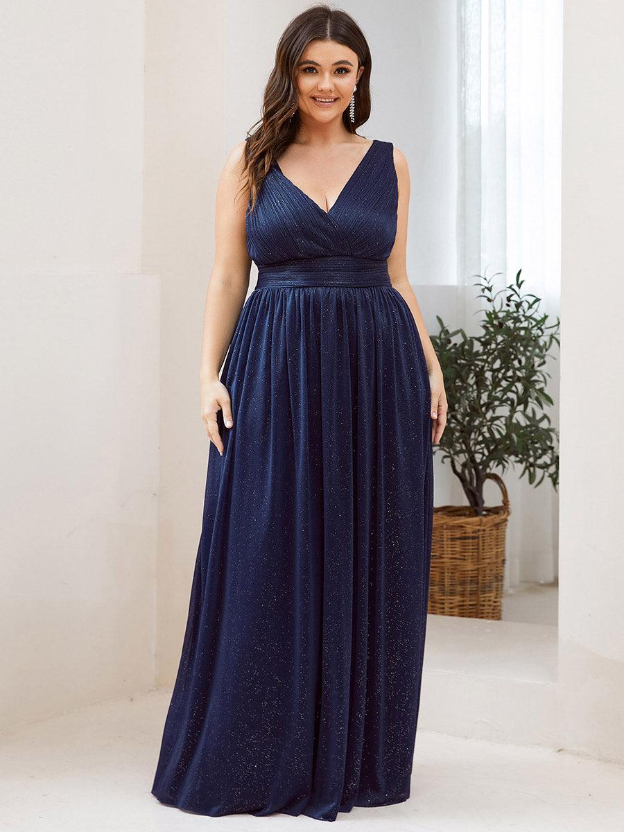Robe de Soirée Grande Taille Longue Scintillante à Col en V #Couleur_Bleu Marine