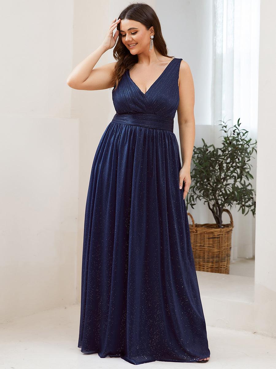 Robe de Soirée Grande Taille Longue Scintillante à Col en V #Couleur_Bleu Marine