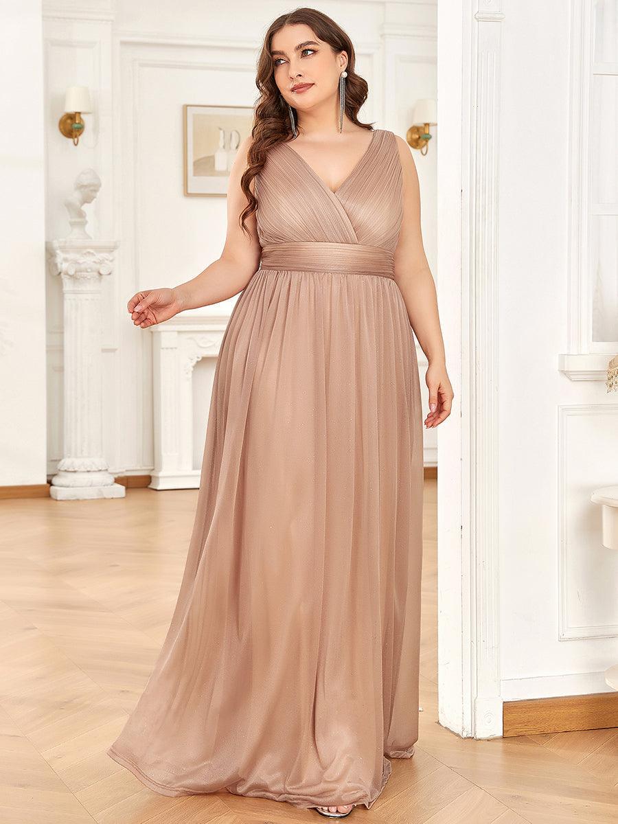 Robe de Soirée Grande Taille Longue Scintillante à Col en V #Couleur_Or Rose
