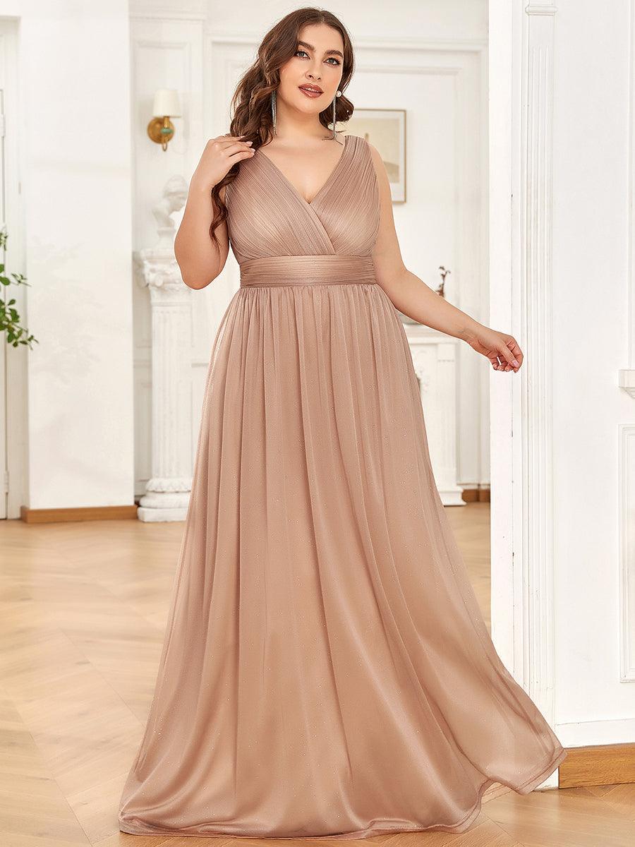 Robe de Soirée Grande Taille Longue Scintillante à Col en V #Couleur_Or Rose