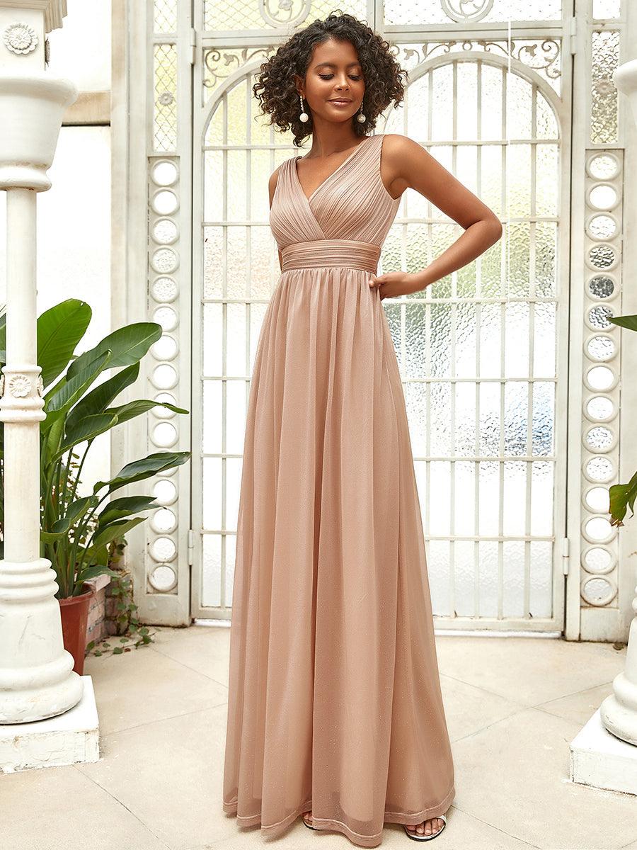 Robe de Soirée Longue Scintillante à Col en V Profond #Couleur_Or Rose