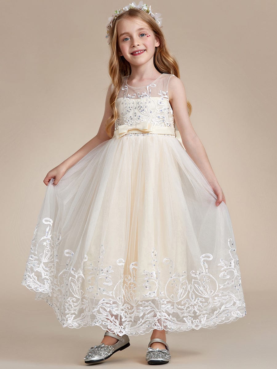 Robe Enfant d'Honneur Princesse en Tulle Aappliques délicates nœud papillon #couleur_Rose Robe Enfant d'Honneur Princesse en Tulle Aappliques délicates nœud papillon