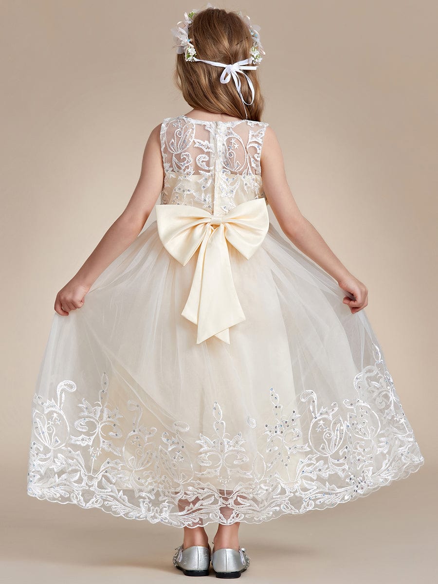 Robe Enfant d'Honneur Princesse en Tulle Aappliques délicates nœud papillon #couleur_Rose Robe Enfant d'Honneur Princesse en Tulle Aappliques délicates nœud papillon