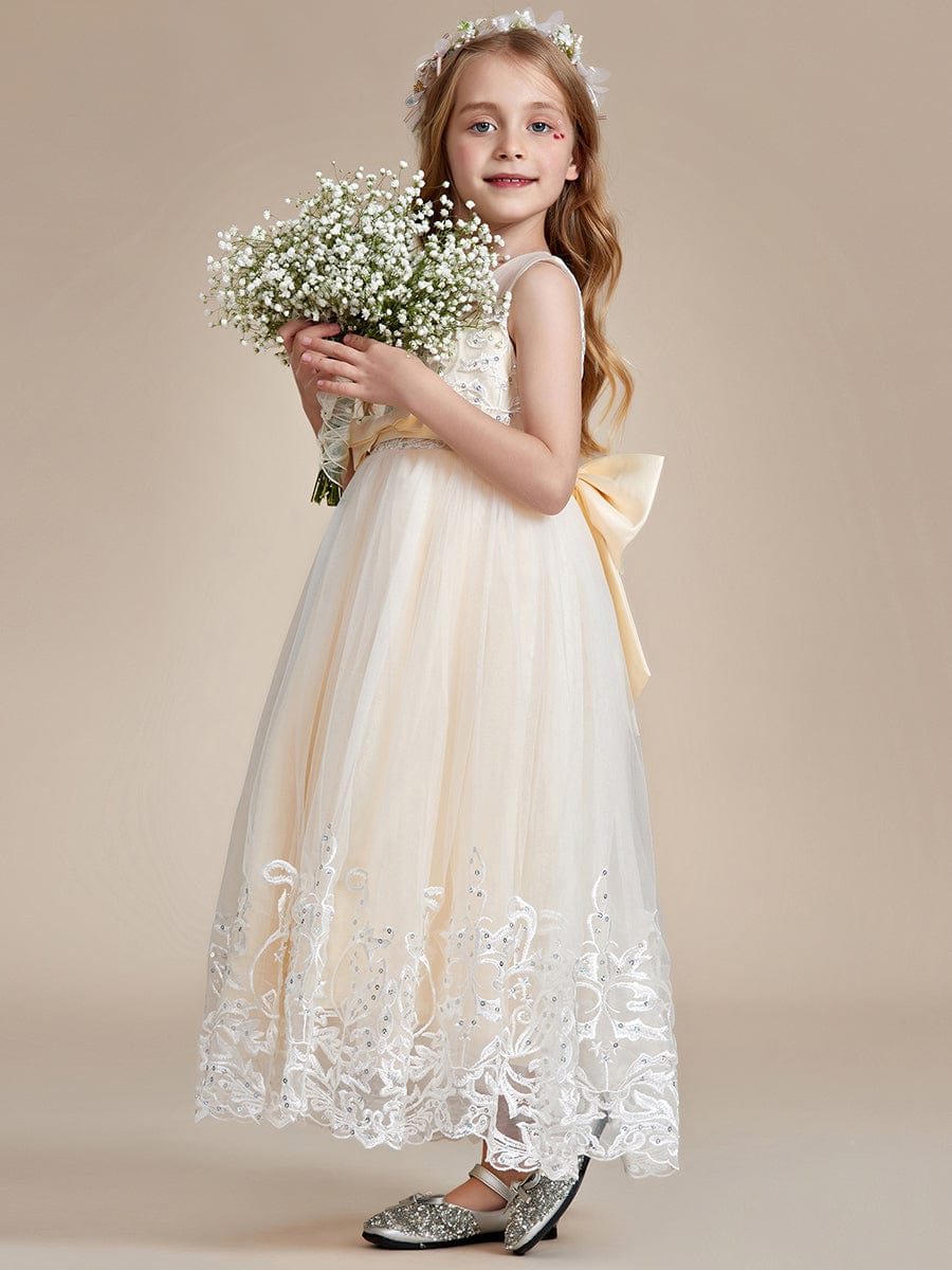Robe Enfant d'Honneur Princesse en Tulle Aappliques délicates nœud papillon #couleur_Charbon